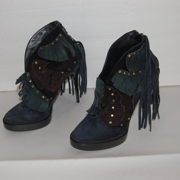 37.5/7.5❤️ BURBERRY Suede Leather Studded Fringe High Heels Ankle Boots ITALY - Picture 1 of 9